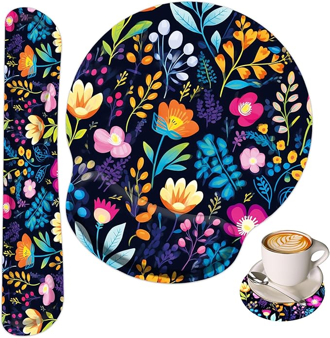 Keyboard Wrist Rest and Mouse Wrist Rest Pad with Cup CoasterMade of Memory FoamErgonomic SupportEasy-Typing and Pain Relieffor Gaming Office Home ComputerBlooming Flower