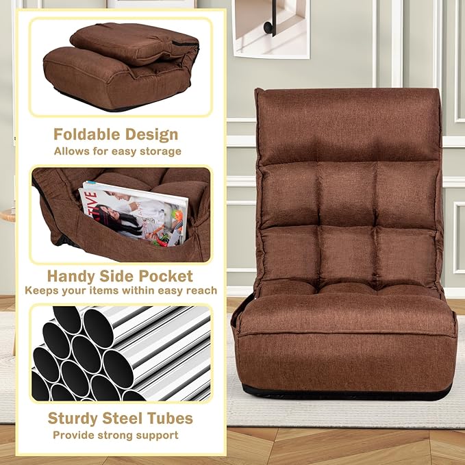 KOMFOTT Folding Floor Chair for Adults Floor Gaming Chair with 5-Position Adjustable Headrest &amp 4-Position Adjustable Backrest Side Pocket Floor Seating Lazy Sofa for Reading Meditating Brown