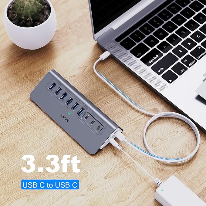Powered USB Hub 10Gbps intpw YH6AC 9-Port USB Splitter with USB A/USB C 3.2 4 USB 3.0 2 PD 45W Charging Ports 65W Power Adapter + 3.3FT Cable Aluminum USB Extender Hub for Laptop PCiPhone 17/16