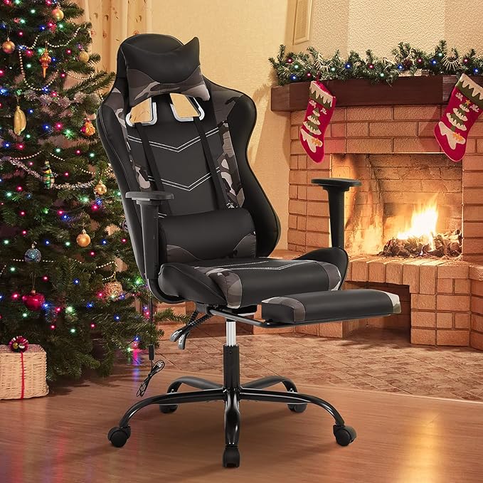 BLKMTY Gaming Chair with Footrest Ergonomic Office Racing Computer Chair with PU Leather High Back Lumbar Support Headrest Adjustable Height Reclining Chairs Camo