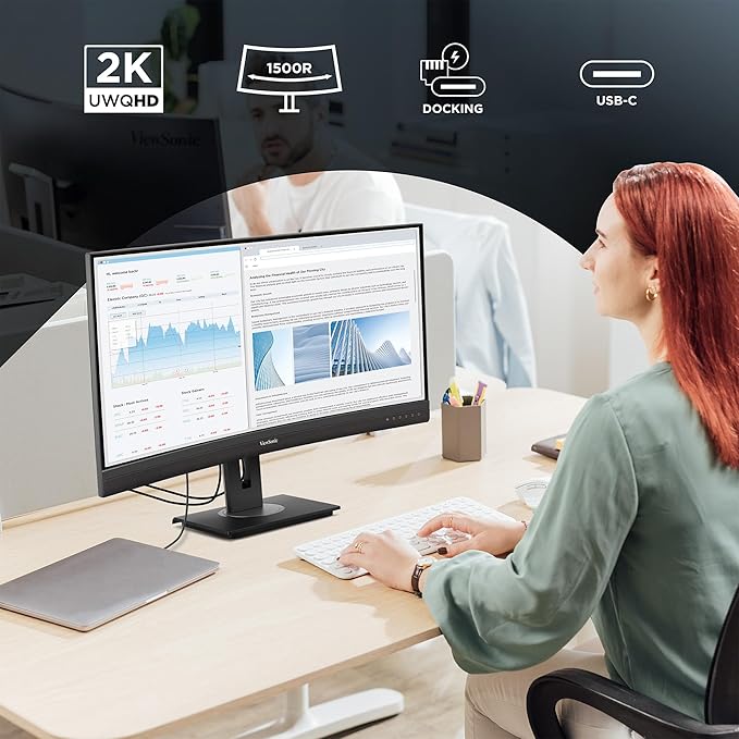 ViewSonic VG3456CA 34 Inch 21:9 Ultrawide QHD 4K Curved Monitor with Ergonomic Design 100W USB C Docking Built-in Gigabit Ethernet RJ45 for Home and Office