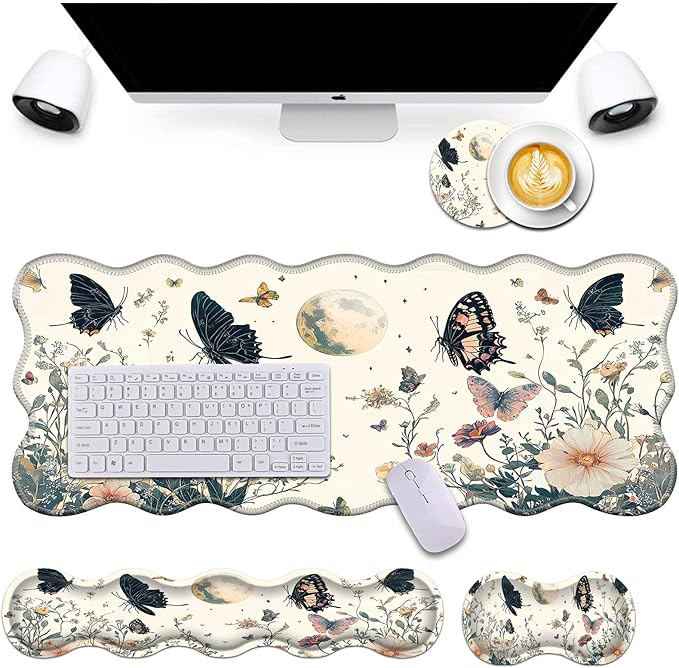 Bxgolkgd Desk Mat SetMouse Pad with Keyboard Wrist Rest &amp Mouse Wrist RestWave-Shaped DesignNon-Slip Rubber BaseErgonomic Desk Mat for HomeOfficeGamingFlower Butterfly