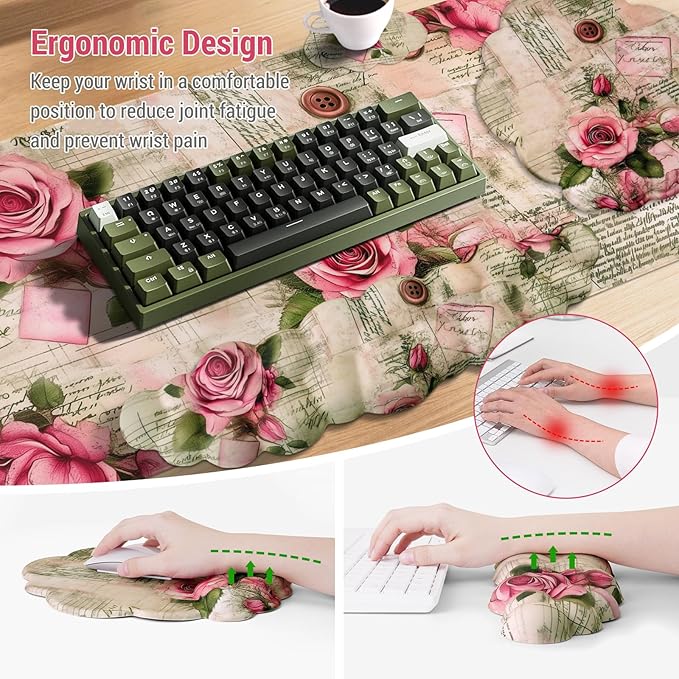 Conmputer Desk Mat Set 4 in 1 Cloud-Shaped Ergonomic Wrist Rest Set Mouse Pad with Non-Slip Base Memory Foam Silicone Lining Keyboard Wrist Rest Computers Offices Gaming Woody Pink Rose