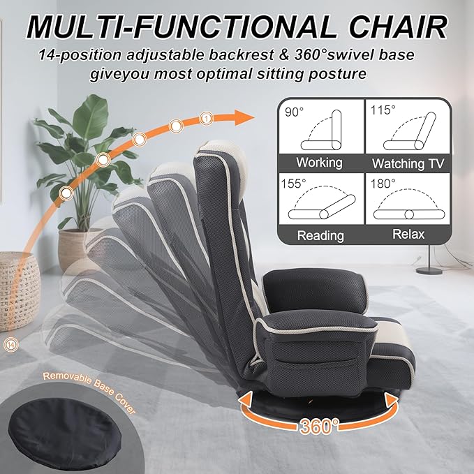 Swivel Floor Chairs for Adults Floor Gaming Chair with Extra Wide Arms Back Support 14 Angles Adjustable Comfortable Double Mesh Fabric Lazy Sofa for Video Game Chairs 201 (Grey + Beige)