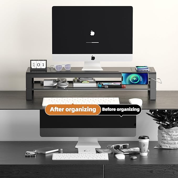 All-in-One Dual Monitor Stand Riser 5USB Ports and WirelessCharging Pad for MonitorsDesk Organizer for PC iMac (Wireless Charging Two-layer 700mm)