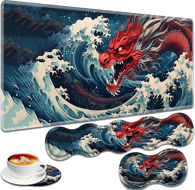 Large Gaming Mouse Pad + Keyboard Wrist Rest + Wrist Support + Coaster Set Memory Foam Ergonomic for Easy Typing XXL Extended Gaming Mouse Pad Table Pad - Sea Wave Red Dragon