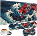 Large Gaming Mouse Pad + Keyboard Wrist Rest + Wrist Support + Coaster Set Memory Foam Ergonomic for Easy Typing XXL Extended Gaming Mouse Pad Table Pad - Sea Wave Red Dragon