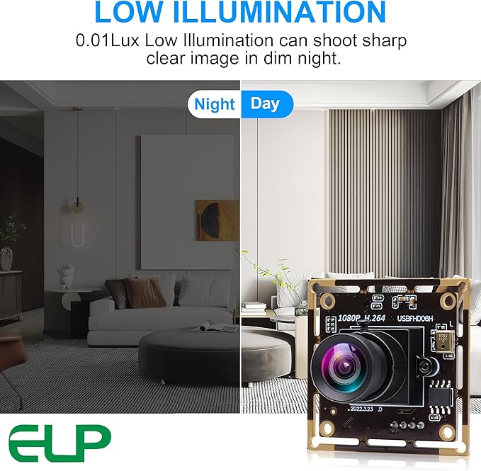 ELP Sony IMX323 Sensor Mini Low Light Wide Angle USB Camera Module with 100degree No Distortion Lens HD 1080P 0.01Lux USB2.0 Video Webcam Board UVC H.264 PC Camera for Computer Laptop