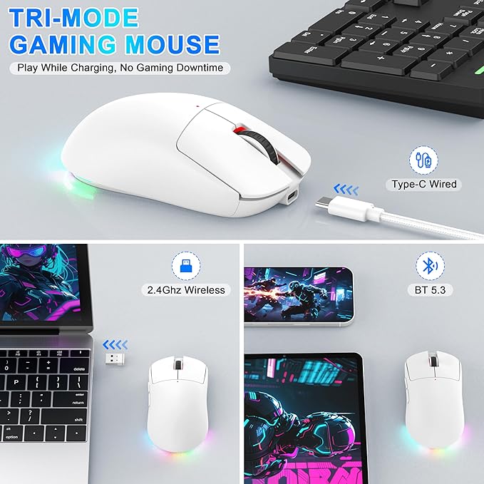 Bluetooth Wireless Gaming Mouse for MacBook Air PC iPad Pro Ergonomic Rechargeable Laptop Mice with Jiggler Mode 8000DPI RGB Computer Mouse Wired/Bluetooth 5.3/2.4G USB 3 Mode Connect - White