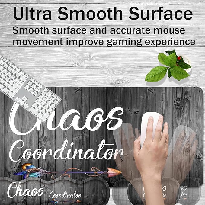 Gaming Mouse Pad Set Large Gaming Mouse Pad+Keyboard Wrist Rest+Mouse Wrist Rest+Coaster Easy Typing Pain Relief 31.5 × 11.8 inch Desk Mat for Home Office Quote Chaos Coordinator