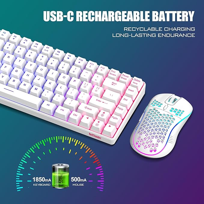 RedThunder K84 Wireless Keyboard and Mouse Combo Rainbow Backlit Rechargeable Battery 75% Layout TKL Ultra Compact Gaming Keyboard &amp Lightweight 3200 DPI Honeycomb Optical Mouse (White)