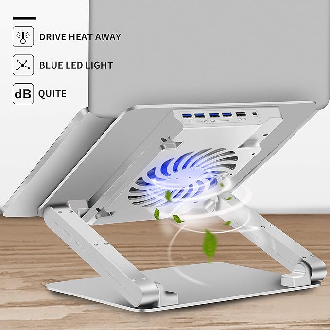 SOUNDANCE Laptop Cooling Pad with Low-Noise Fan and 3.0 USB Hubs Ventilated Laptop Cooler Prevent Overheating Ergonomic Laptop Stand Support Up to 17” Gaming Notebook Computer Aluminum