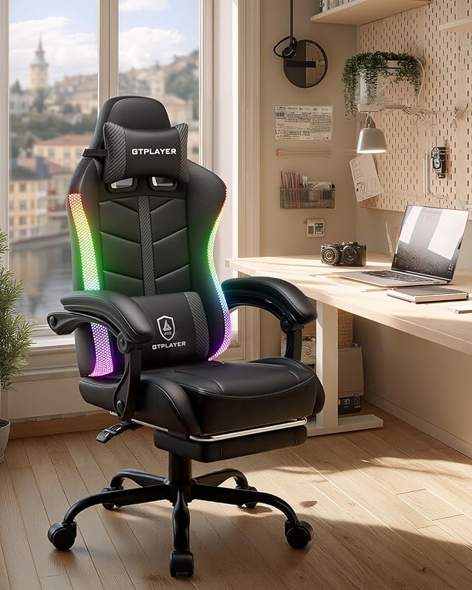 GTPLAYER Gaming Chair Ergonomic Computer Office Chairs for Adults with Footrest Height Adjustable Linkage Armrests 90-155° Recline &amp Headrest Lumbar Support RGB Black