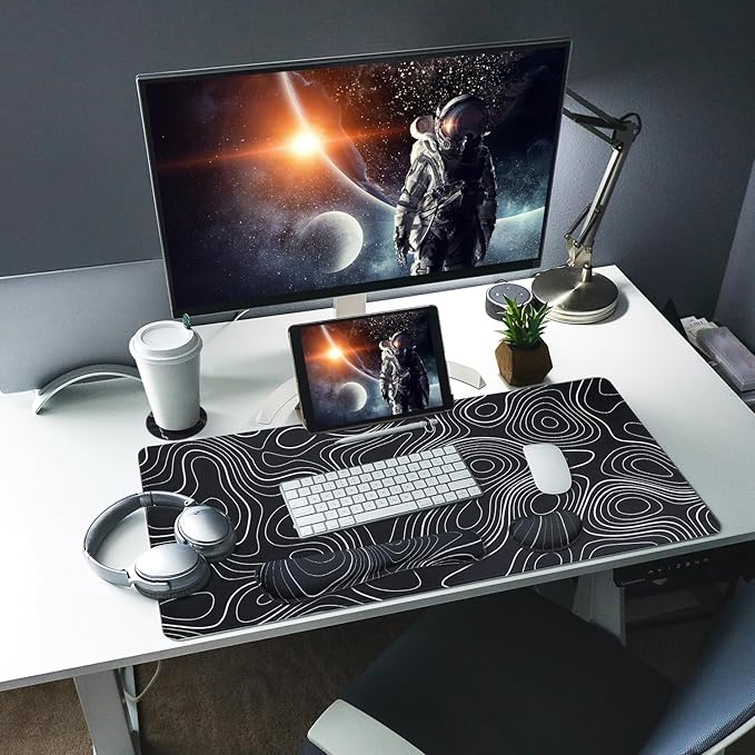 Bloss Large Gaming Mouse Pad XL Desk Mat 4-in-1 Mouse Pad with Wrist Rest Large Desk Pad Keyboard Pad for Office/Home-Black and White Topography (31.5 x 15.7 x 0.12 Inches)