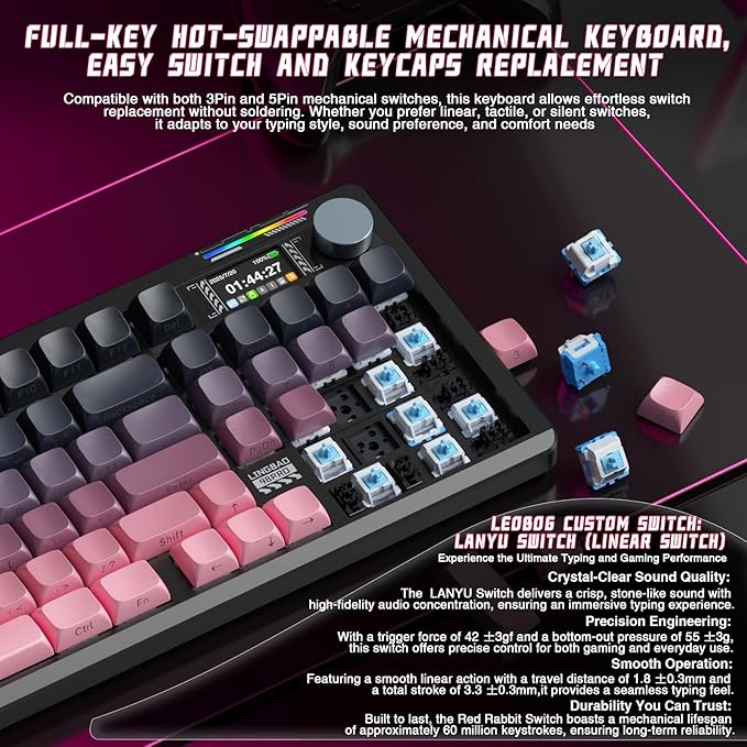 LINGBAO K98 PRO Mechanical Keyboard Wireless with Screen &amp KnobRGB Gaming Keyboard Tri-Mode BT5.0/2.4GHz/USB-C Gasket Mount Hot-Swappable Linear Switches Gamer Keyboards for PC/Mac/Linux/Andro