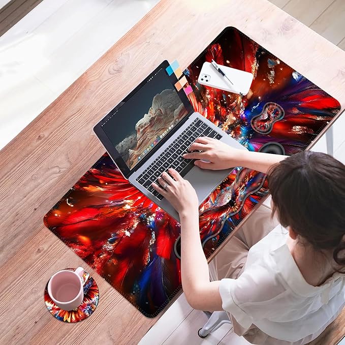 Mouse PadLarge Desk Mat Set 4in1 XL Mousepad + Keyboard Wrist Rest+Mouse Wrist Rest+Coaster with Ergonomic Desk Pad for Home Office Table Computer Cover -Eagle and Dreamcatcher