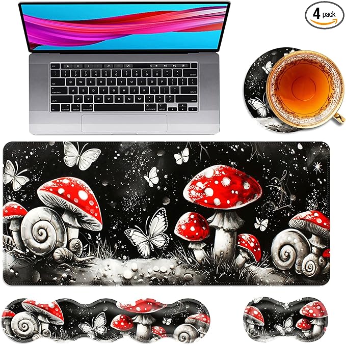 Large Mouse Pad and Keyboard Wrist Rest Desk Pad for Keyboard and Mouse 4-in-1 Large Gaming Mouse Pad with Wrist Support Desk Mat for Home Office Study GameMushrooms Snails Butterflies