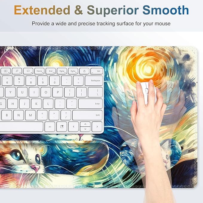 Large Gaming Mouse Pad Set 4 in 1 Ergonomics Keyboard Desk Mat Memory Foam Wrist Rest Computer PC Extended Game Mousepad Non-Slip Desk Matt Easy Typing Pain Relief I Starry Night Art Cat