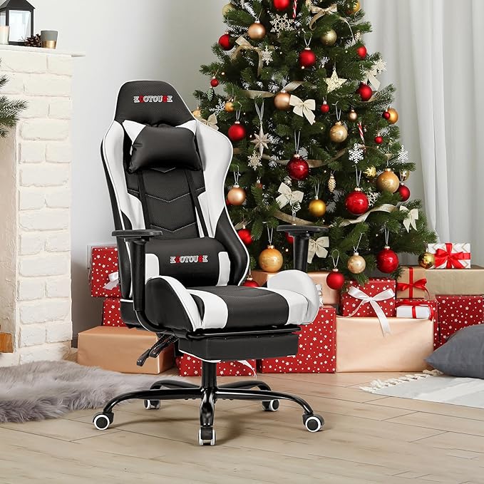 ECOTOUGE PC Massage Gaming Chair with Footrest Ergonomic Office Desk Chair Racing PU Leather Recliner Swivel Rocker with Headrest and Lumbar PillowWhite