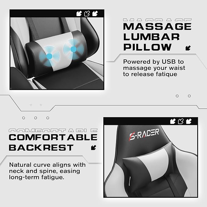 Homall Gaming Chairs Computer Chair with Footrest and Massage Lumbar Support Height Adjustable Game Chair with Headrest and Swivel Seat (White)