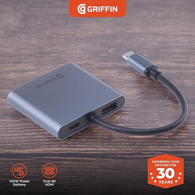 Griffin - 4-in-1 Hub USB C Hub Multiport Adapter with USB 3.0 Dual 4K HDMI Adapter for Laptop MacBook and More 100W Power Delivery