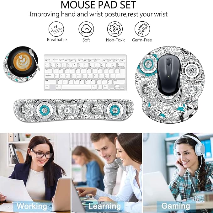 Keyboard Wrist Rest and Mouse Pad Wrist Support Set with CoastersNon-Slip PU Base Ergonomic Gaming Mousepad for Home Office Working Studying Easy Typing &amp Pain ReliefMandala Flowers
