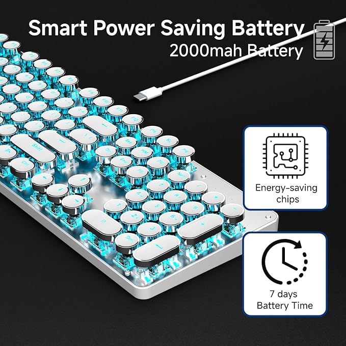 EWEADN TK950 Typewriter Mechanical Keyboard and Mouse 104 Keys Aesthetic Typewriter Keyboard Mouse Combo with Blue Backlit Anti-Ghosting Blue Switch Bluetooth/2.4GHz/Wired Cute Keyboards-White