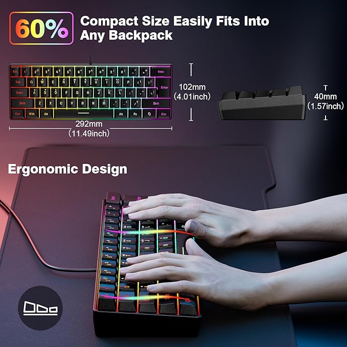 Snpurdiri 60% Wired Gaming Keyboard RGB Backlit Ultra-Compact Mini Keyboard Waterproof Small Compact 61 Keys for PC/Mac Gamer Typist Travel Easy to Carry on Business Trip(Black)