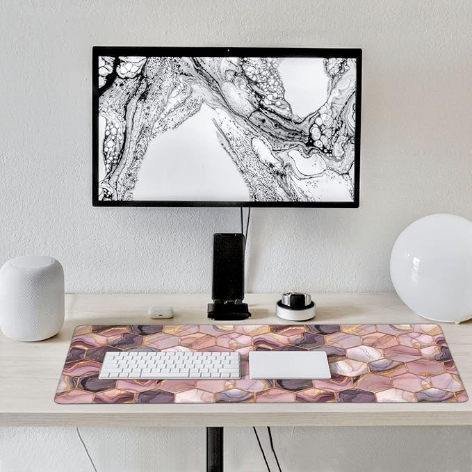 Pink Geometric Marble Large Mouse Pad Gaming Mousepad with Wrist Support Rubber Computer Keyboard Mat for Desk Laptop Non-Slip Full Deskmat Protector Waterproof Writing Pad Office Home 16x35.5 in
