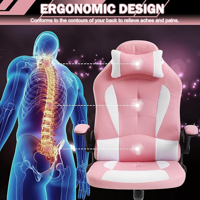 Gaming Chair Racing Chair with Lumbar Support - High Comfort PU Leather Ergonomic Office Desk &amp PC Gaming Chair for Adults Men Women - Flip-Up Arms &amp Headrest Pink