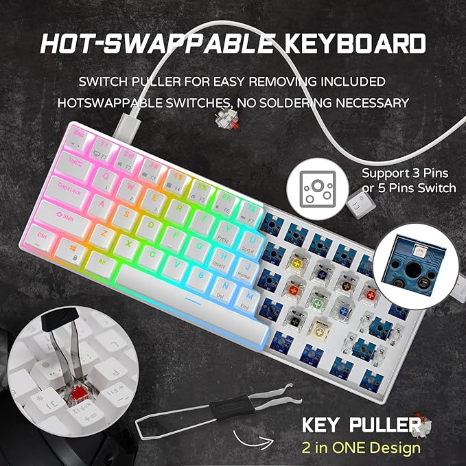 RK ROYAL KLUDGE RK61 60% Gaming Keyboard Wired RGB Mechanical Keyboard with No-Conflict 61 Keys Hot Swappable PC Game Keyboards for Windows Mac Quiet Red Switch-White