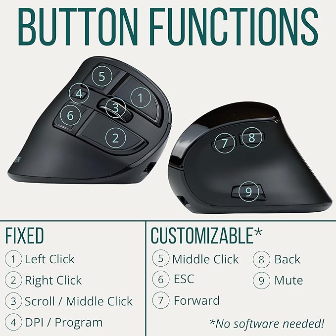 Ergodriven Om Vertical Ergonomic Mouse | Wireless: Bluetooth &amp 2.4G | Rechargeable Optical 4 DPI Levels 5 Custom Buttons | for PC Mac Laptop Computer | Silent Click | Copy/Paste Function