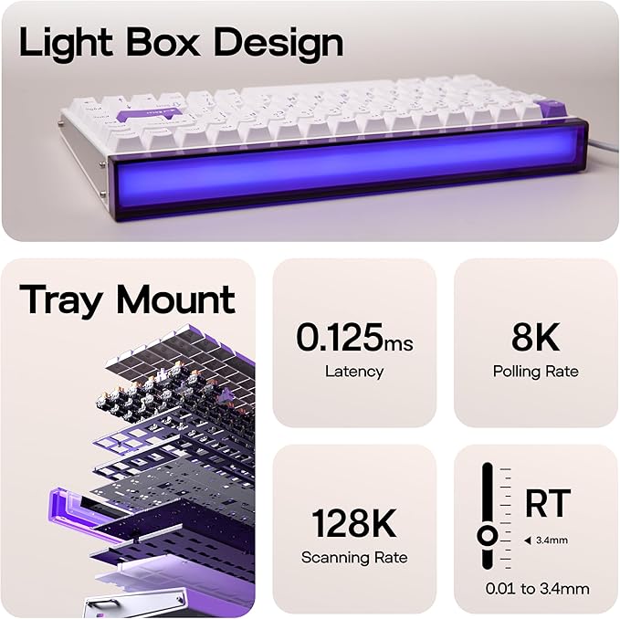 MechLands Aula Hero84 HE Wired Magnetic Gaming Keyboard Rapid Hall Effect Keyboard with 0.01mm Adjustable Actuation 8kHz Polling 5-Layer Sound Dampening RGB Lightbox &amp Backlit (White Purple)
