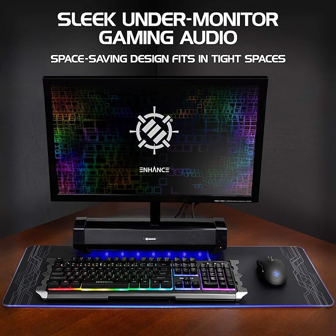 ENHANCE Gaming Attack Sound Bar PC Speaker - Under Monitor Soundbar Computer Speaker with Loud 40W Hi-Fi Audio 3 LED Color Modes and Dual Inputs for PC Laptop or Phone AUX