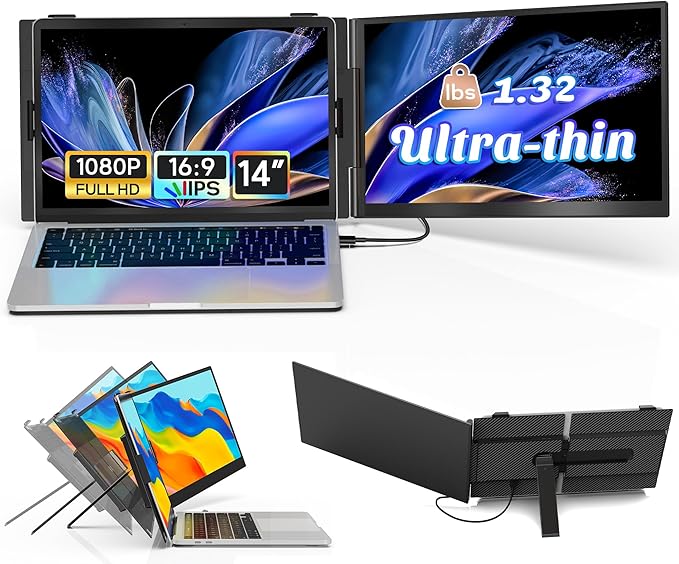 14 Laptop Screen Extender Ultra-Thin Lightweight Portable Dual Laptop Monitor Extender with Speaker FHD 1080P Travel Display Plug &amp Play HDMI/USB-A/Type-C for Laptops Works with Win/Mac/Andr