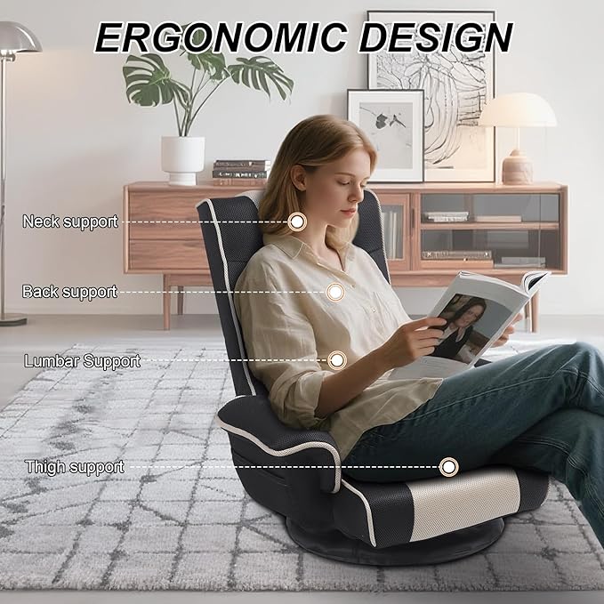 Swivel Floor Chairs for Adults Floor Gaming Chair with Extra Wide Arms Back Support 14 Angles Adjustable Comfortable Double Mesh Fabric Lazy Sofa for Video Game Chairs 201 (Grey + Beige)