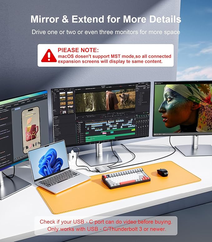Reborn USB-C to 3 HDMI Adapter with 100W PD 4K@60Hz USB Type-C to HDMI 1 in 3 Out Splitter for 3-Port USB-C Multi-Monitor Adapter Compatible with PC/macOS/Linux and More