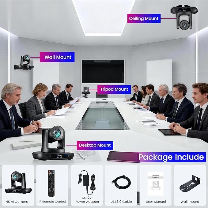 4K UHD PTZ Camera AI-Auto Tracking 20X Optical Zoom USB3.0/HDMI/LAN PoE IP Live Streaming PTZ Conference Room Camera for Church Services Education Conference Events Work with YouTube OBS