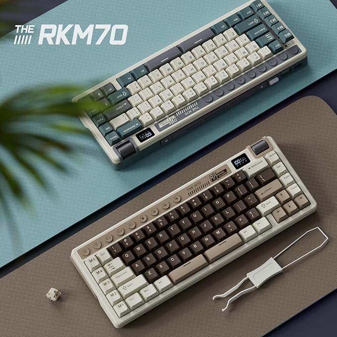 RK ROYAL KLUDGE M70 Wireless Mechanical Keyboard with Macro Keys 2.4GHz/Bluetooth/Wired 75% Gaming Keyboard with 6000mAh Battery Gasket-Mount Display &amp Knob RGB Hot-Swappable Linear Cream Switch