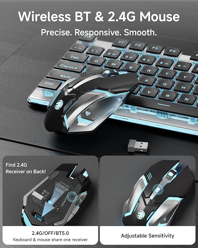 EWEADN V3 Wireless Keyboard and Mouse with Blue Backlit Metal Panel Bluetooth/2.4G Rechargeable Computer Keyboard and Mouse Combo Silent Lighted Full Size Cordless Keyboards-Black