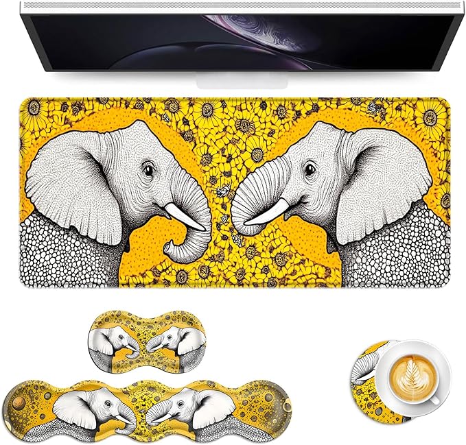 Keyboard Mouse Pad Set Extended Gaming Mouse Pad+Ergonomics Keyboard Wrist Rest Support Memory Foam Easy Typing Pain Relief 4Pcs XL Ultra Thick Desk MatElephants Sunflower Field