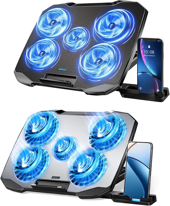 Laptop Cooling PadLaptop Fan Cooler with 5 Quiet Fans for 12-15.6 InchLaptop Cooling Stand with 5 Height Adjustable2 USB Ports Phone Stand (Black &amp Silver)