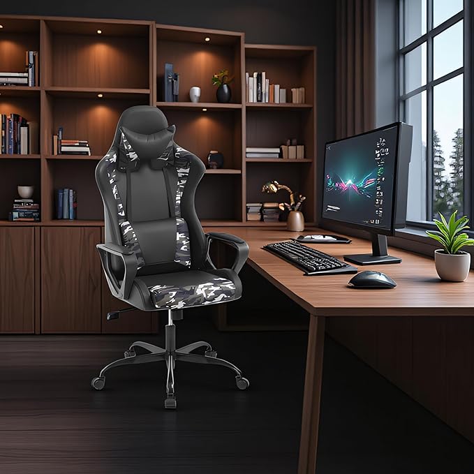 Ergonomic High Back Gaming Chair &amp Office Chair PU Leather &amp Adjustable &amp Easy Assembly &amp BIFMA Certified for Home/Office (Gray) (Camo)