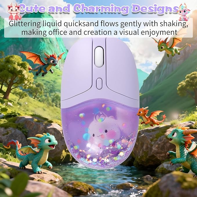 Wireless Mouse with Liquid Quicksand Sequins 2.4GHz &amp Bluetooth Dual Mode Rechargeable Silent Cute Aqua Mouse with LED Light Portable Water Mice for Laptop PC Tablet MacBook Kids Adults Gift (Purp