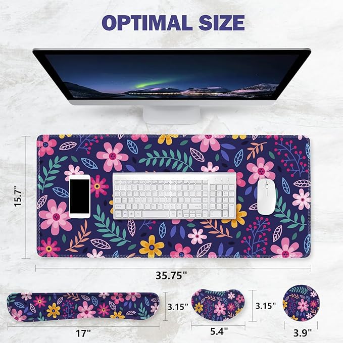 ToLuLu Extended Gaming Mouse Pad Memory Foam Ergonomic Keyboard Mouse Wrist Rest Support Set Large Desk Mat with Stitched Edges Non-Slip Base Mousepad for Home Office Game Study Purple Flowers