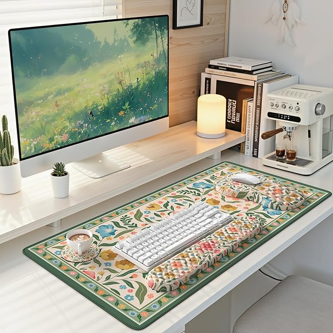 Computer Mat and Mouse Pad SetFloral Aesthetic Wrist Rest for Keyboard and Mouse with Coaster Non-Slip Desk Protector Work from Home(Green and Pink)