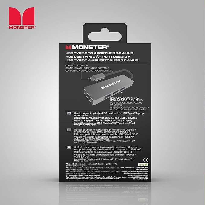 Monster USB-C 4-Port Hub - USB Type-C to 4 USB 3.0 Connectors
