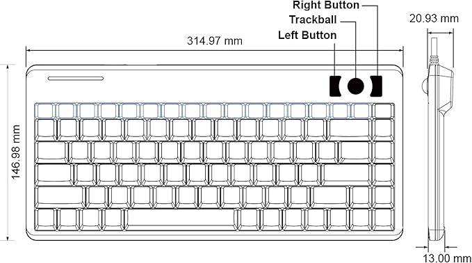 Perixx PERIBOARD-505H Wired Mini Keyboard with Built-in Trackball 0.55 Inch Trackball and 2 USB Hubs Black US English Layout