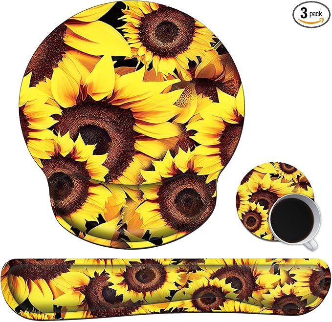 Sunflower Keyboard Wrist Rest+Mouse Pad with Wrist Support Gel+Coaster Set Ergonomic Design Enlarged Memory Foam Easy Typing Pain Relief Carpal Tunnel Cushion Kit for Computer Laptop Home Office