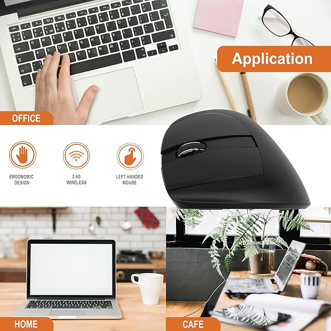 J-Tech Digital Ergonomic Left Hand Mouse with Wireless Connection AA Battery 2.4GHz Nano Transceiver 800 1200 1600 2400 Adjustable DPI Compatible with Windows and MAC OS [V628ML]